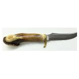 Antler-Handle Knife with Curved Steel Fixed Blade and Brass Guard