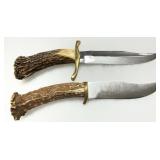 Two Antler Handle Knives with Fixed Blades and Brass Guard