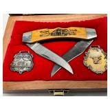 Texas Lockhorn Folding Knife with Wooden Handle, Alamo-Themed Etchings, and Two Medallions in Box