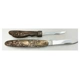 Two Figural Bronze Handle Pocket Knives with Steel Blades