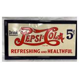Emb. Tin Pepsi-Cola 5 cent Tacker Sign with Metal Frame, 24x13 