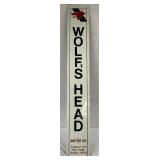 1974 Emb. ‘Wolf’s Head Motor Oil’ Self-Framed Vertical Metal Sign, 12″ x 82″