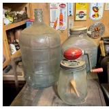 EARLY GLASS CHURN AND JARS