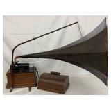 Edison Fireside Phonograph with Hand-Painted Morning Glory Horn and Original Dust Cover