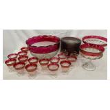 Glass Punch Bowl Set with Cranberry Red Accents and Matching Components