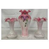 Fenton Art Glass Pink Hand-Painted Vase Set with Ruffled Edges