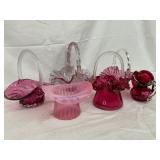 Fenton Pink Glassware Set with Ruffled Edge Bowl and Handpainted Pieces