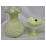 Fenton Hand Made Vaseline Glass Vase and Compote Dish
