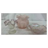 Three Pink Glassware Pieces With Ruffled Edges