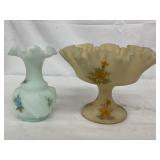 Two Hand-Painted Ruffled Art Glass Vase and Compote