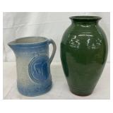 Signed Green Glazed Pottery Vase and Blue Ceramic Pitcher