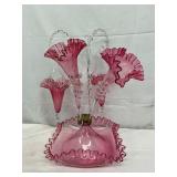 Hand-Blown Pink Glass Epergne with Ruffled Edges, 9 1/2 x 15 1/2 Inches