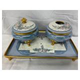 3-Piece Hand-Painted Blue Limoges Porcelain Dresser Set with Artist Initials