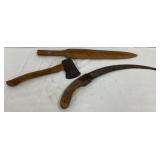 Three Vintage Hand Tools: Drawknife, Hatchet, and Wooden Implement