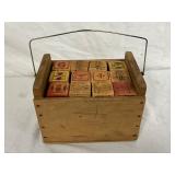 Wooden Box with Assorted Vintage Alphabet Blocks and Wire Handle