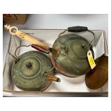Vintage Copper and Brass Tea Kettles with Wooden Handles and Brass Strainer