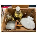 Box Lot With Brass Oil Lamps, Milk Glass Hobnail Shade, and Vintage Metal Scoop