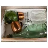 Glass and Metalware, Including Bottles, Jar, and Copper Mugs