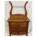 Oak Washstand With Towel Bar and Carved Backboard