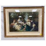 Framed Print Depicting Women in 19th-Century Attire Within a Garden Scene