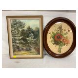 Framed Landscape Oil Painting and Floral Print in Oval Frame