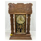 Carved Wood Case Mantel Clock With Brass Dial and Reverse-Painted Glass