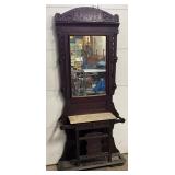 Carved Wooden Hall Tree with Mirror, Marble Shelf, and Cast Iron Drip Pans
