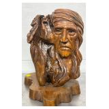 Carved Wooden Bust of Native American Figure, 17in x 19in