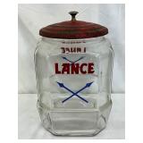 Early Lance Glass Jar with Red Metal Lid, 8×11 Inches