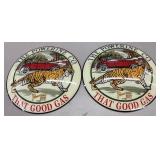 (2) ‘The Powerine Co’ Gas Pump Lenses, Featuring Tiger and Automobile, 15 inches, Pair 