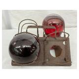 Early Red Glass Fire Balls w/ Metal Holder, 9 x 5