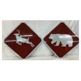 (2) Reflective Metal Street Signs with Deer & Bear Symbols, 15×15 each
