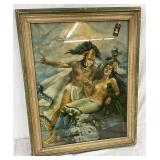 Aztec Framed Print with Bourbon Bottle Adv, 24 x 30