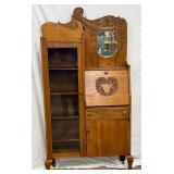 Oak Drop Front Desk with Mirror and Glass-Front Cabinet