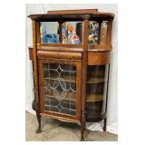 OAK SERVER W/ LEADED GLASS,BEV. MIRROR 
