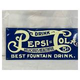 Embossed Metal Pepsi-Cola Advertising Sign, 14in x 6in
