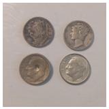 Two Mercury Dimes, Two Franklin Dimes