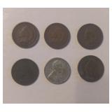 Five Indian Head Cents, One Steel War Cent