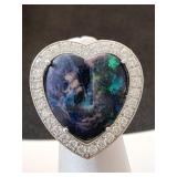 Huge Black Opal Ring w 3 carats of Diamonds Set in 18 k White Gold