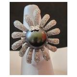 14.8mm Tahitian Black Pearl w 1 carat of Diamonds Set in 18 k White Gold