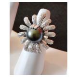 14.8mm Tahitian Black Pearl w 1 carat of Diamonds Set in 18 k White Gold