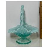 Nice Signed Fenton Glass Light Turquoise Basket with Ruffled Edge (Signed on bottom)