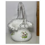 Beautiful White Fenton Glass Floral Basket Hand Painted by Nancy Roberts with Clear Edge & Handle