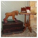 Hand grained Utah pine chest, horse ride-on toy, Eastlake end table attributed to the California Gol
