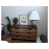 Framed Asian print on silk, Asian lamp, Folk art lady head bust, Oreck vacuum, chest of drawers