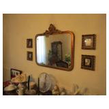 Antique mirror, glassware, set of prints