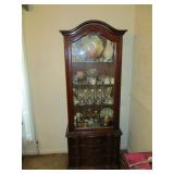 Hammary display cabinet with three drawers, antique glassware, porcelain