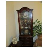 Hammary display cabinet with three drawers, antique glassware, some silver, porcelain
