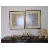 Framed antique prints, plaster busts, porcelain birds