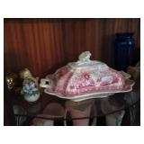 Antique red and white transferware vegetable dish, 1853